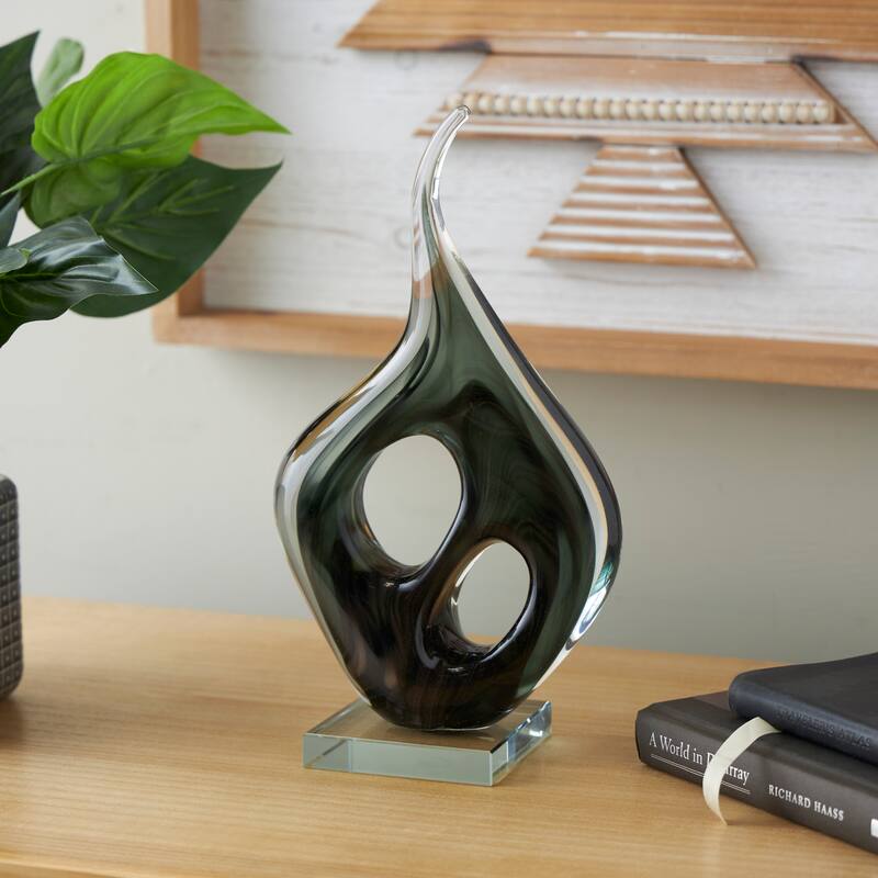 Green Glass Curved Cutout Abstract Decorative Sculpture with Swirl Patterns - Green