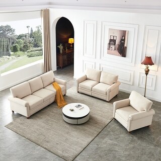 Linen Fabric Upholstery Sofa Set 1+2+3 Sectional Couch Set with Removable Storage Sofa and Wood Legs for Living Room