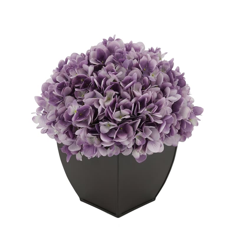 Faux Hydrangea in Matte Brown Tapered Zinc Cube - Lavender