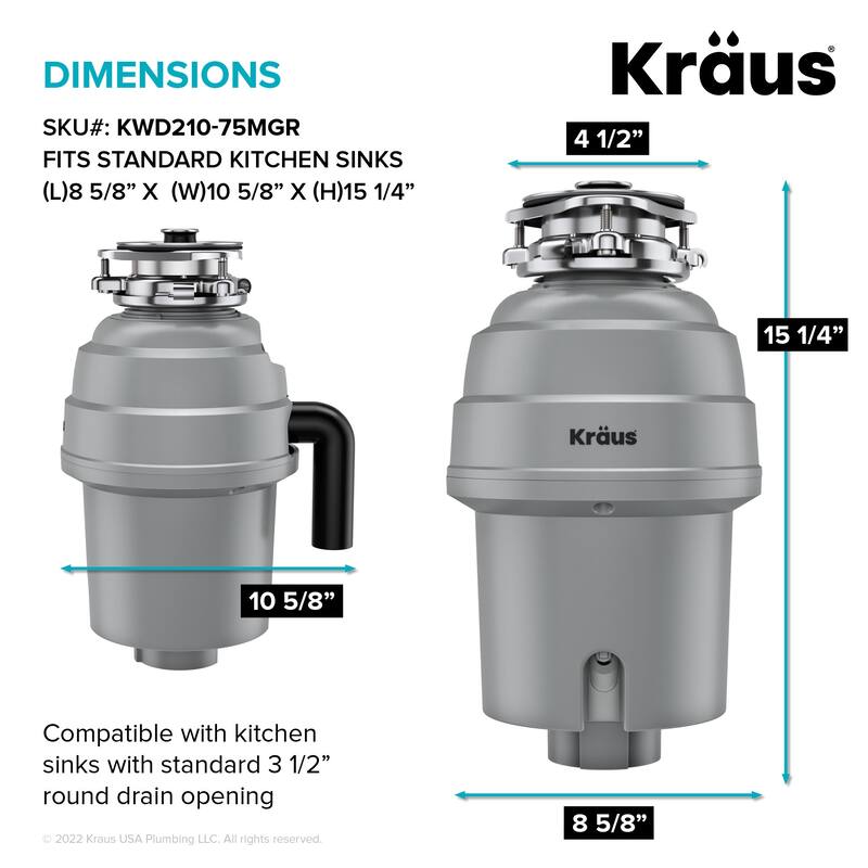 Kraus KWD210-75 3/4 HP Continuous Feed Garbage Disposal with Power