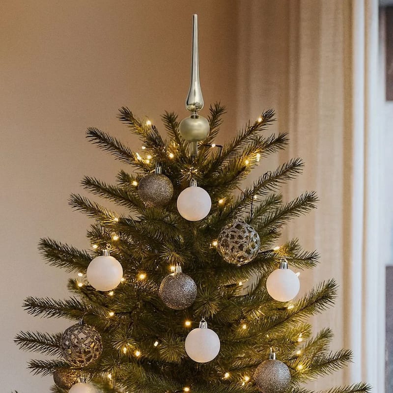 61pc Christmas Ornament Set w Topper, LED String Lights, White Silver