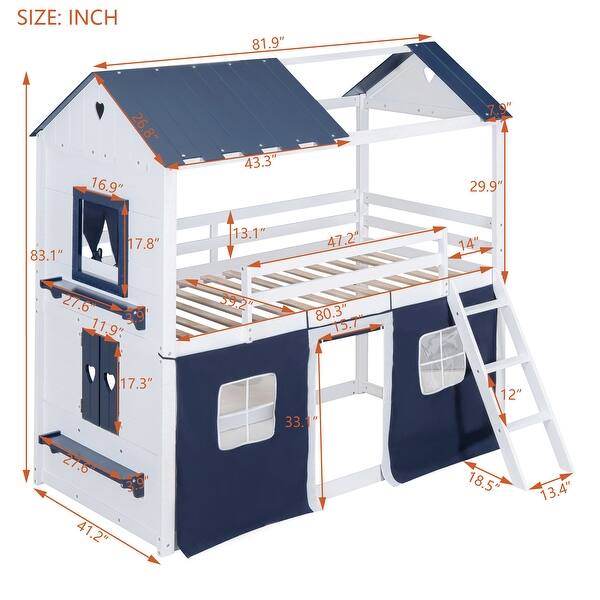 dimension image slide 0 of 2, House Bunk Wood Bed with Elegant Windows, Sills and Tent