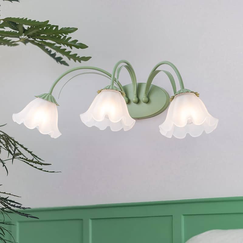 Green Metal Flower Frosted Glass Wall Sconce for Bathroom Vanity - 3-Light