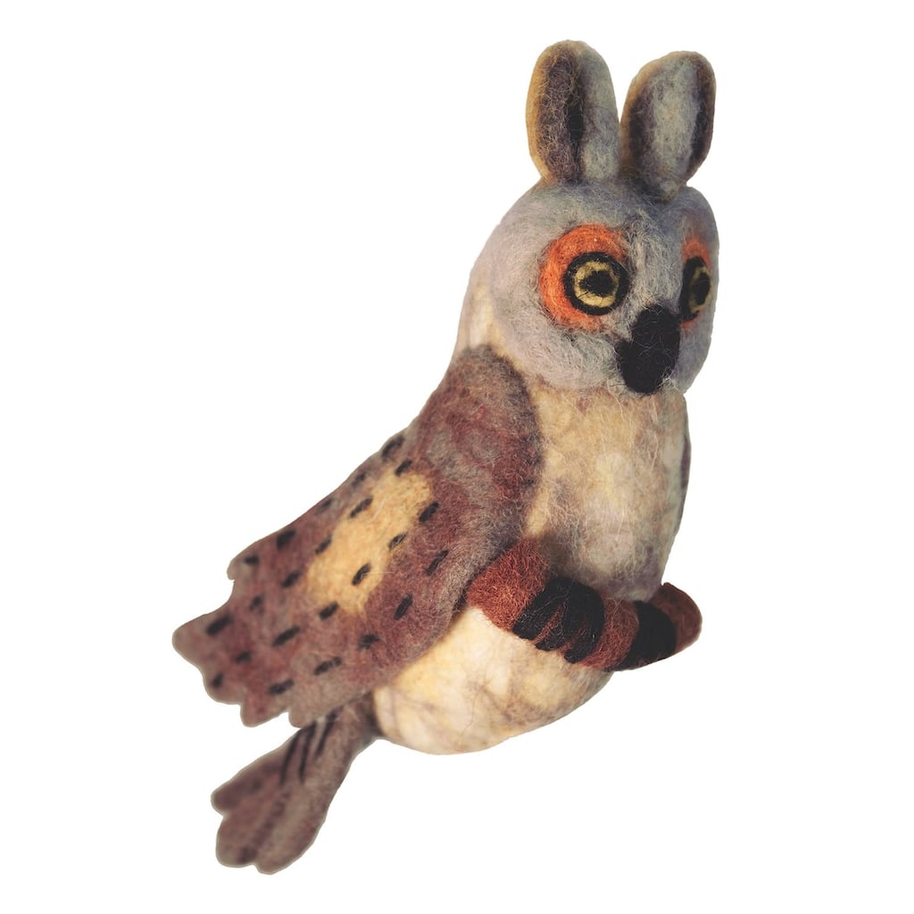Handmade Wild Woolies Felt Bird Garden Ornament - Great Horned Owl (Nepal)