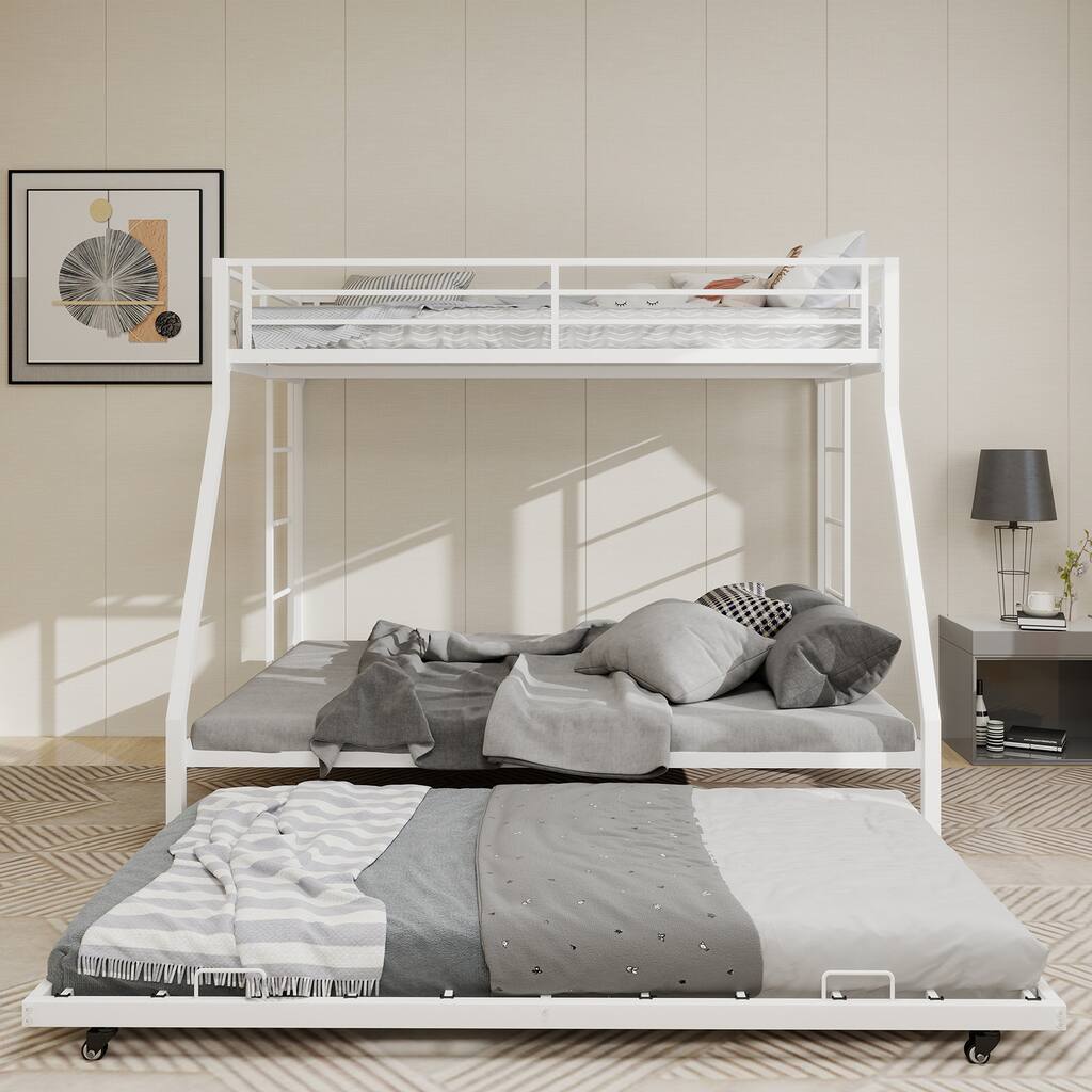 High - Stability Square Tube Bunk Bed, Featuring Ladder & Rolling Trundle, Modern Minimalist Look, Full