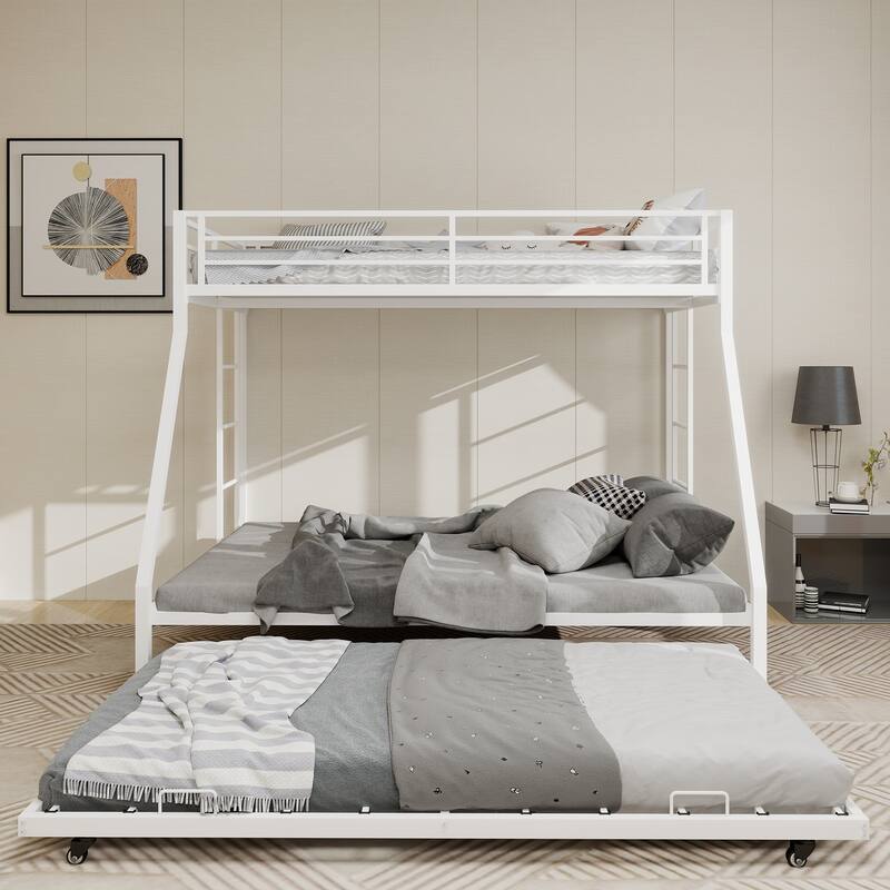 High - Stability Square Tube Bunk Bed, Featuring Ladder & Rolling Trundle, Modern Minimalist Look, Full - White