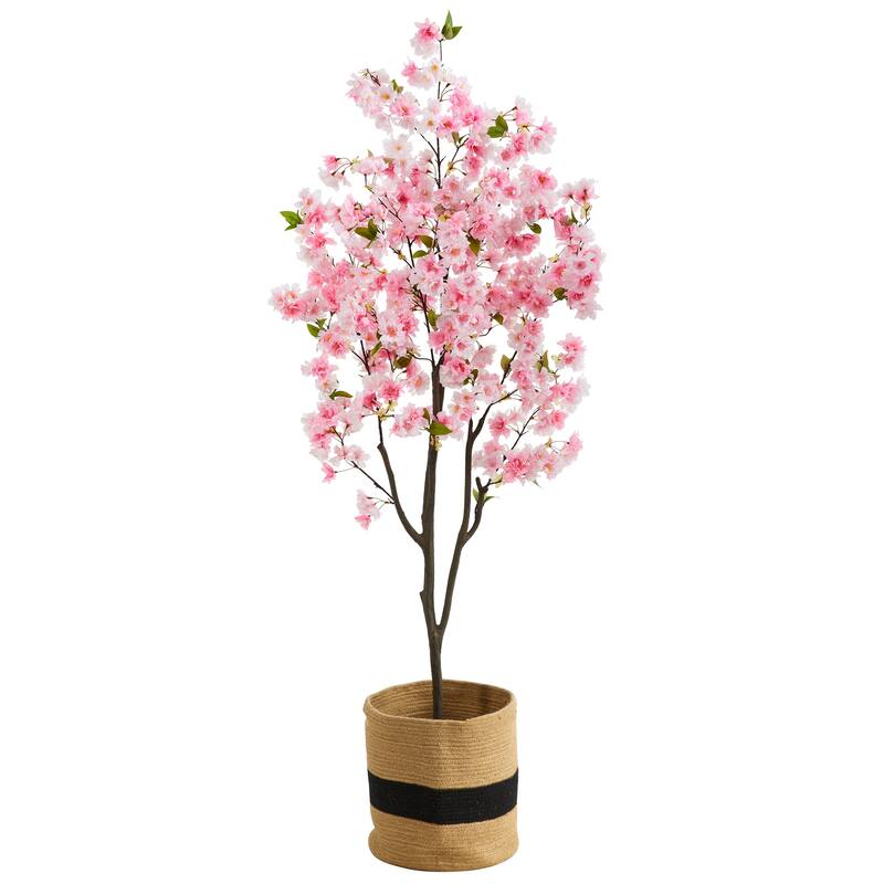 6' Artificial Cherry Blossom Tree with Handmade Jute & Cotton Basket
