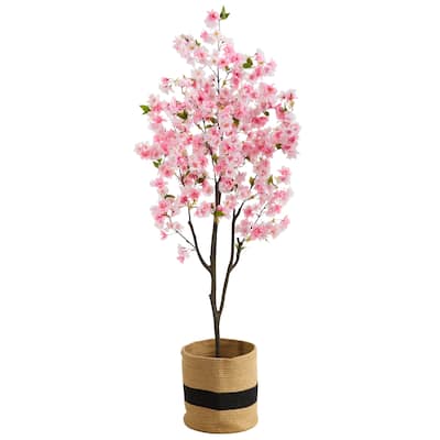 6' Artificial Cherry Blossom Tree with Handmade Jute & Cotton Basket