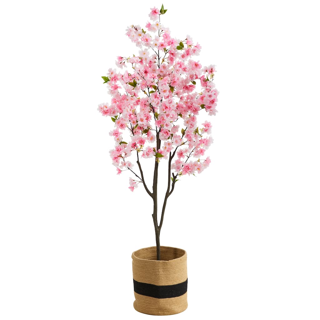 6' Artificial Cherry Blossom Tree with Handmade Jute & Cotton Basket