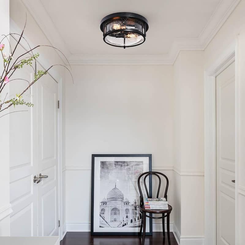 Matte Black 2-Light Seeded Glass Drum Flush Mount Ceiling Light