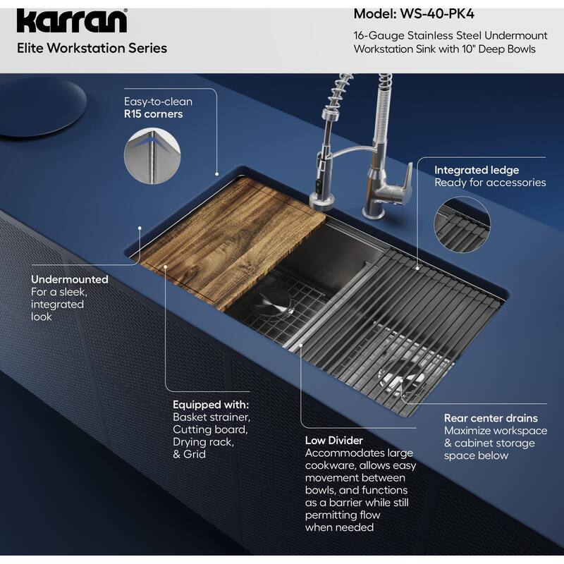 Karran USA WS-40-PK4 Elite Workstation 32" Undermount Double Basin