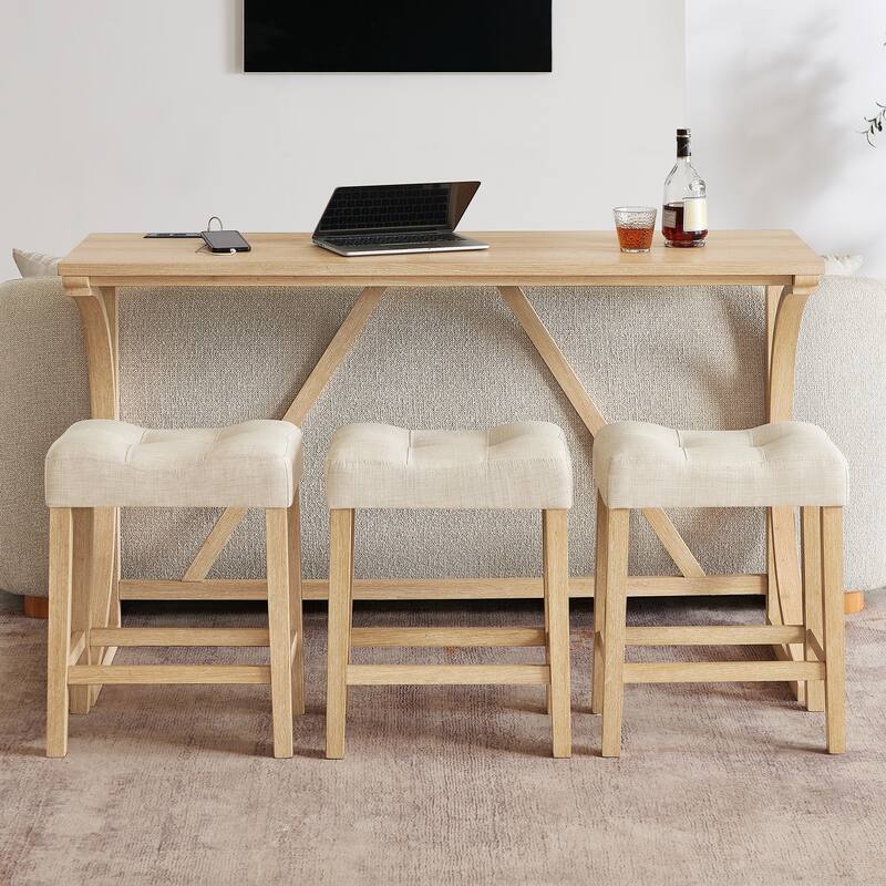 59" Bar Table Set with Power Outlet, Industrial Breakfast Table with 3 Stools, 4 Piece Counter Height Bar Table and Chair Set - Light Oak