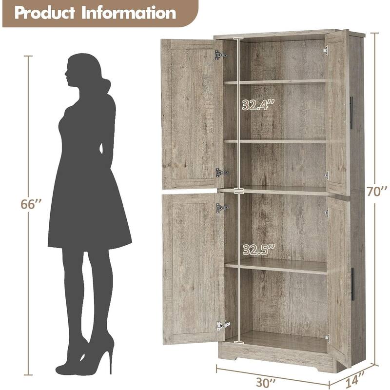 70" Tall Kitchen Pantry Cabinet with 4 Doors and 3 Adjustable Shelves