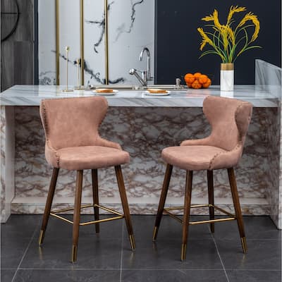 Faux Leather Tufted Counter Stool Set of 2 Upholstery Bar Stools with Nailhead Trim Wooden Legs No Arms Island Bar Stool