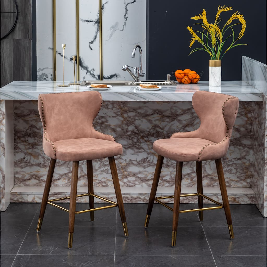 Faux Leather Tufted Counter Stool Set of 2 Upholstery Bar Stools with Nailhead Trim Wooden Legs No Arms Island Bar Stool