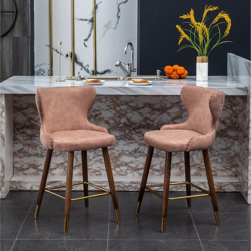 Mid-century Faux Leather Bar Stool Set of 2, Tufted Backrest Nailhead Trim Bar Height Chair w/Footrest for Kitchen, Dining Room