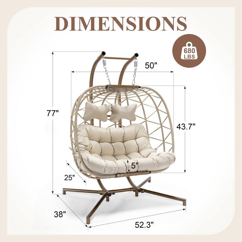 Oversized Outdoor Double Hanging Egg Chair with Cushions, Swing Chair for Indoor or Patio