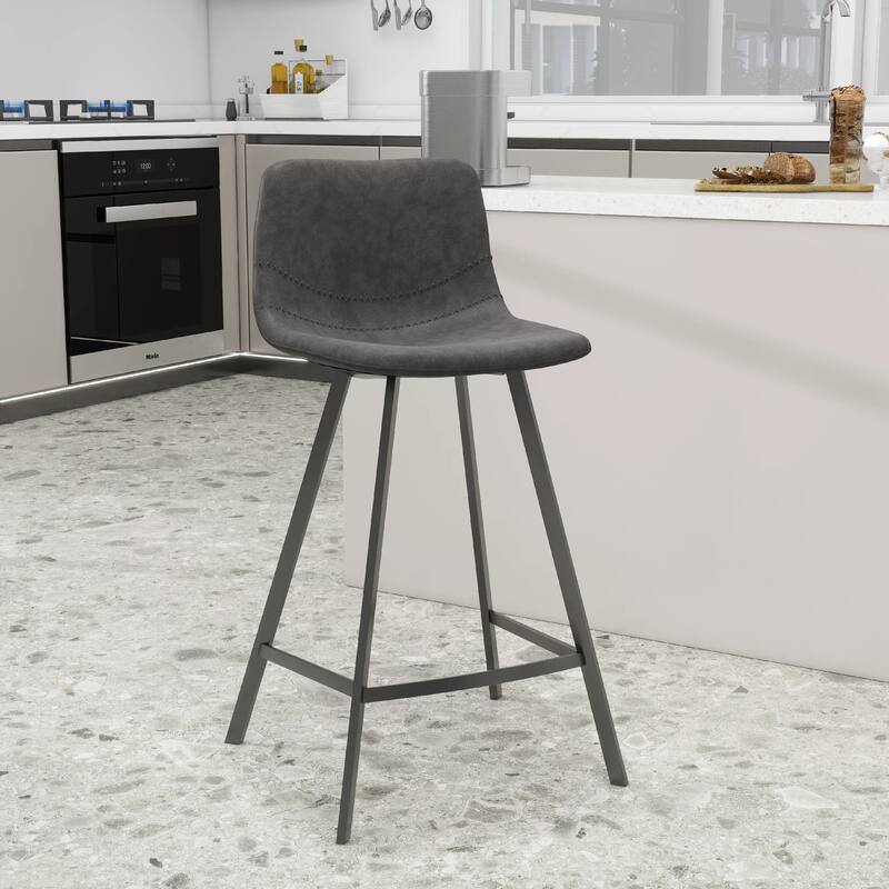 Elland Leather Bar Stool - Modern Counter Height Stool with Black Stainless Steel Legs for Kitchen Island or Home Bar Set of 2