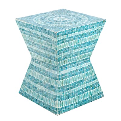 Hourglass Style Geometric Inlay Accent Stool - 17.75" - Turquoise Blue and White
