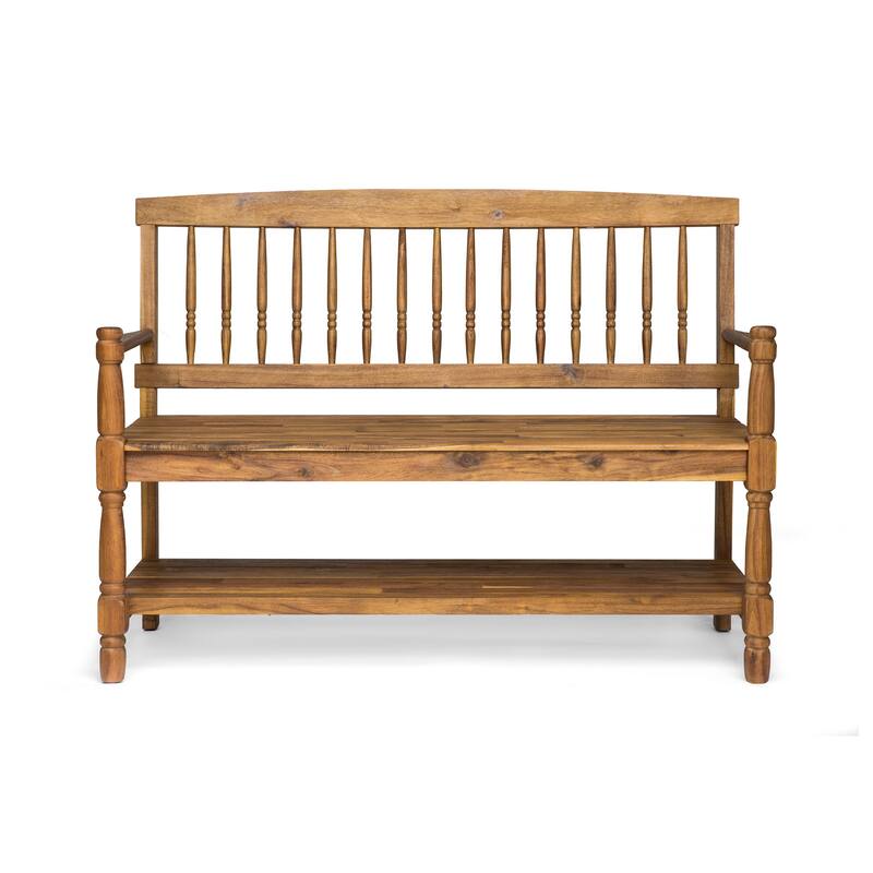 Roomfitters Wooden Outdoor Patio Bench with Slatted Backrest, Armrests, and Storage Shelf