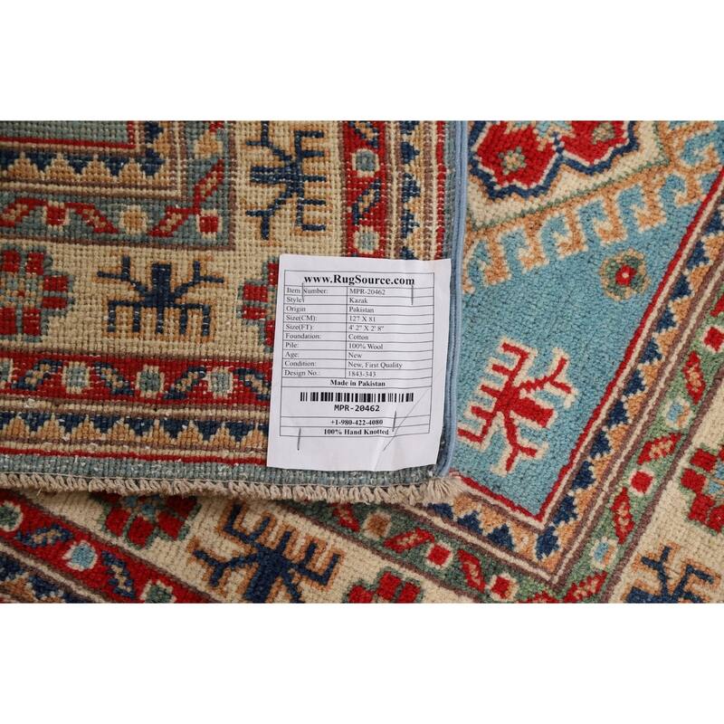 Light Blue Kazak Foyer Rug Geometric Hand-Knotted Wool Carpet - 2'8"x 4'2"