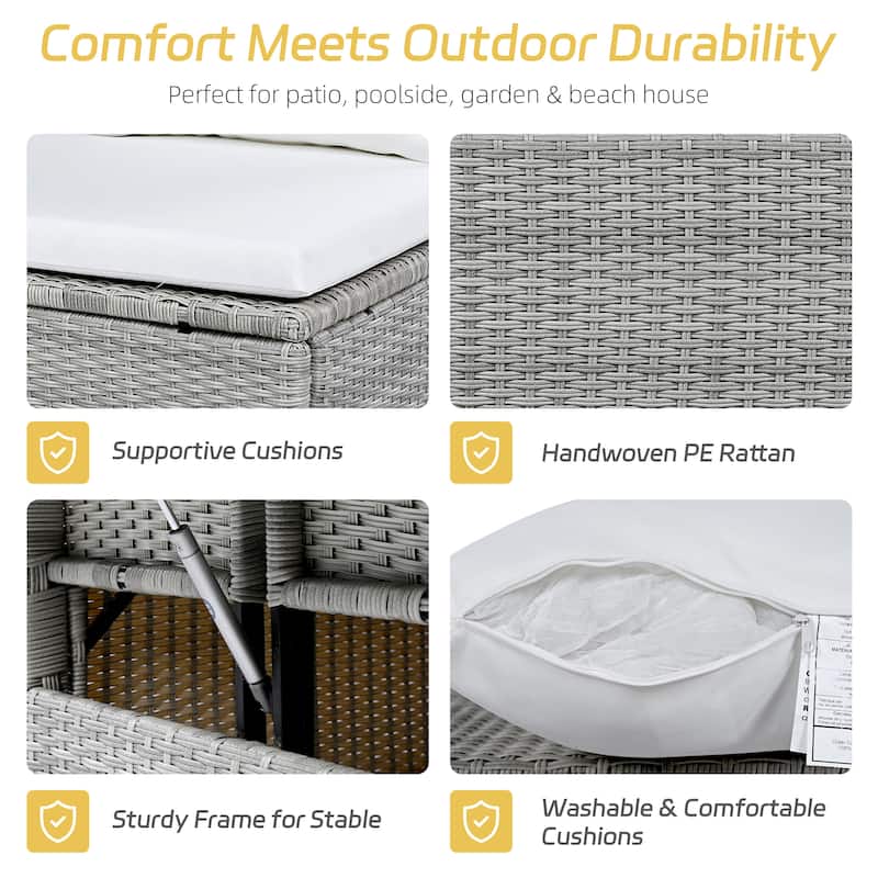 Roomfitters 5-Piece Outdoor Rattan Sofa Set, Patio Sectional Furniture with Dining Table, Storage Bench, Side Trays