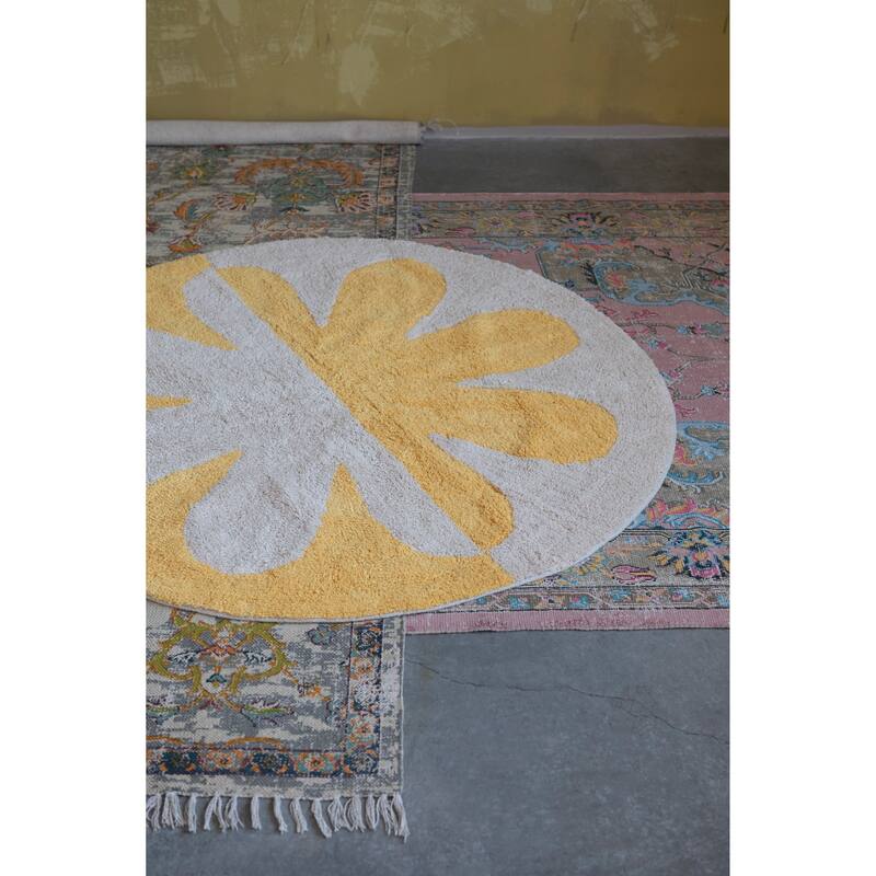 Cotton Tufted Two-Tone Rug with Flower - 48" L x 48" W x 0"