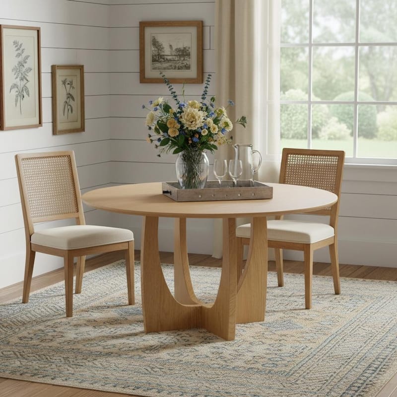 HomeRoots 59" Natural Solid Wood Pedestal Base Round Top Dining Table - 59.00 in. x 30.00 in. x 59.00 in. - Natural - 59.00 in. x 30.00 in.  x 59.00 in.