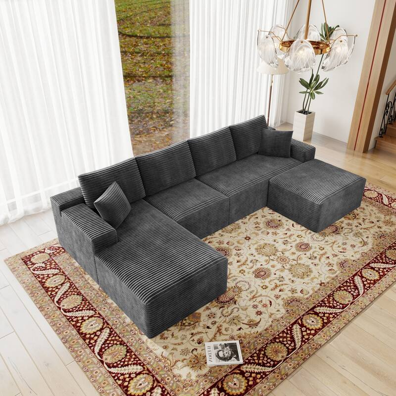 Roomfitters 131.9" Modular Sectional Sofa, 4-Piece Compressed Cloud Couch, No Assembly Required, Plush Corduroy, Grey