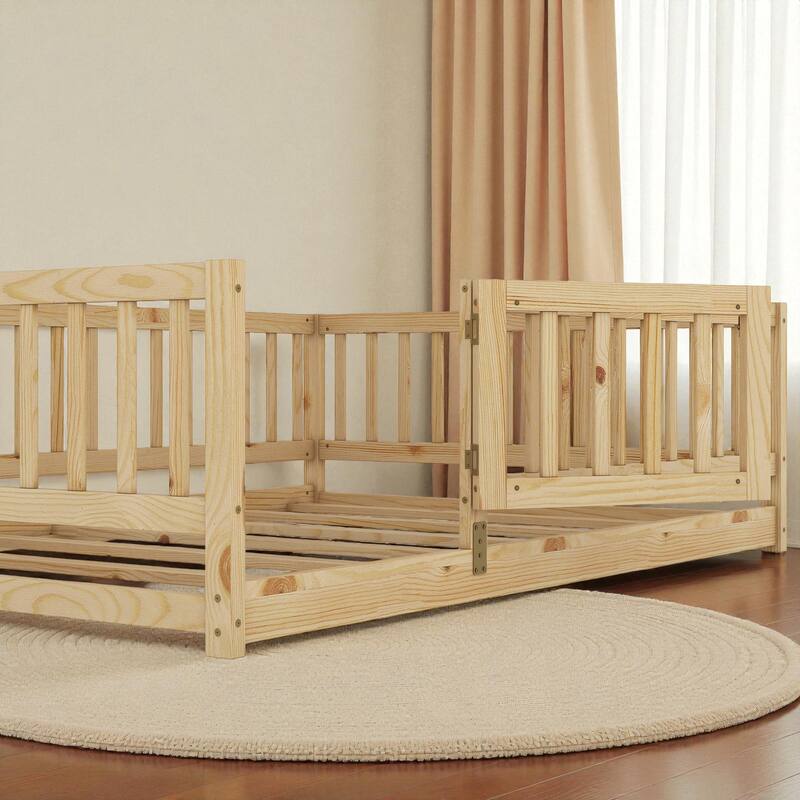 Twin/Full Montessori Floor Bed with Slats, Fence and Door, Wood Low Kids Bed for Girls and Boys, No Box Spring Needed
