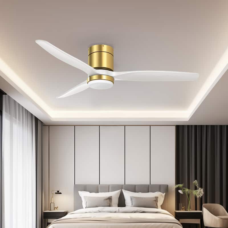 Moasis 52 Inch Low Profile Flush Mount Wood Blades Ceiling Fan with LED Light and Remote