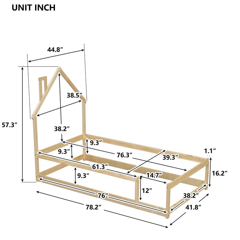Twin Pine Floor Bed with House-shaped Headboard