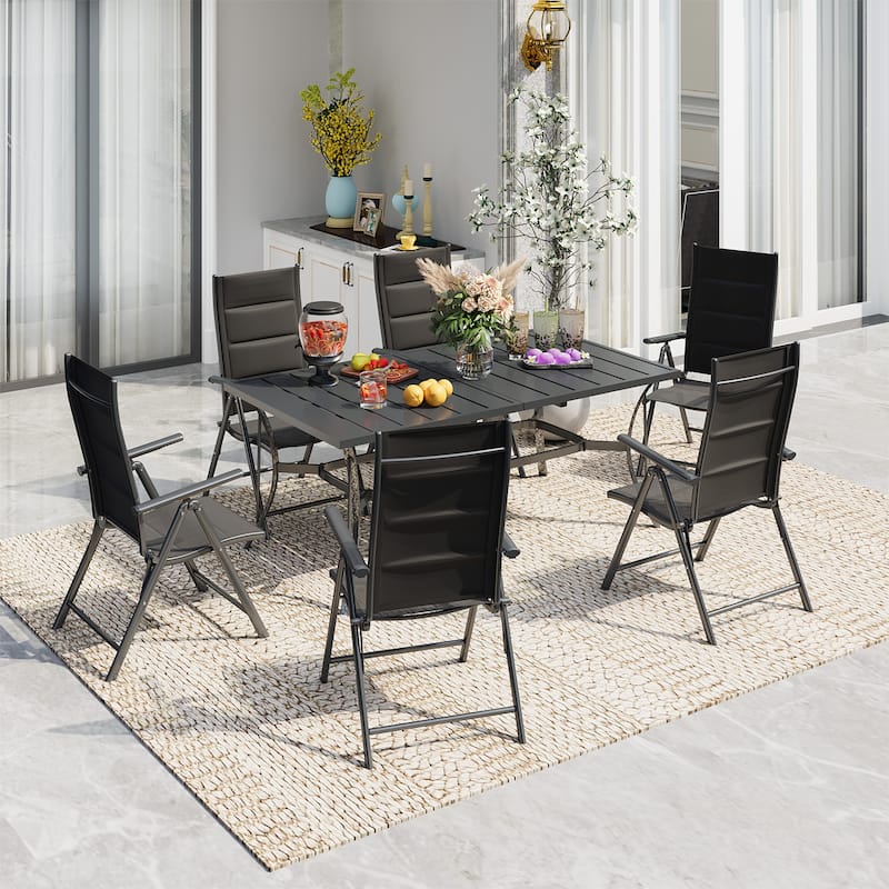 EROMMY 7 Piece Patio Dining Set with Folding Lounge Chairs and Aluminum Table, Outdoor Furniture for Backyard, Deck, or Balcony.