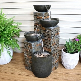 Sunnydaze Staggered Bowls Tiered Outdoor Water Fountain 34" Water Feature w/ LED