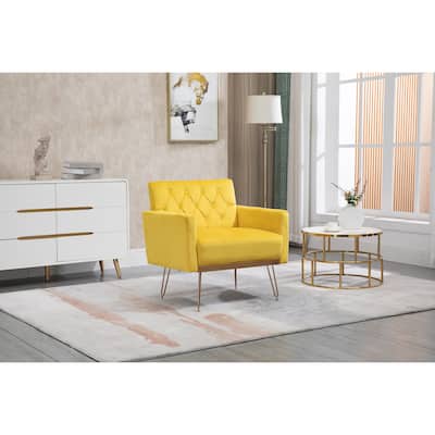 Elegant Accent Chair with Rose Golden Feet & Velvet Upholstery, Mustard