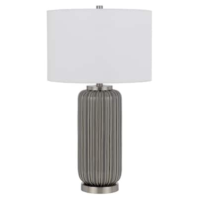 Grey Metal Table Lamp with White Drum Linen Shade and 3 Way Dimmable Switch - 16” x 16” x 19” (D x W x H)
