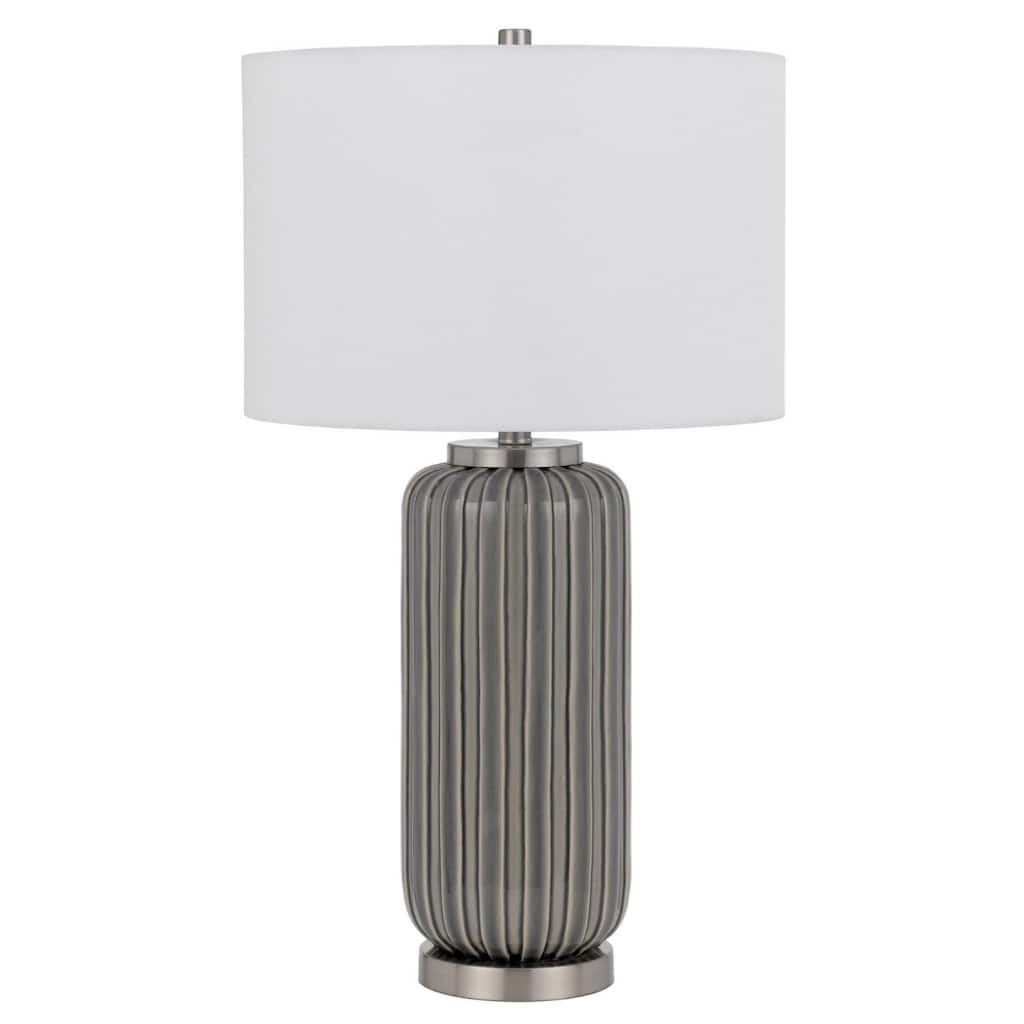 Grey Metal Table Lamp with White Drum Linen Shade and 3 Way Dimmable Switch - 16” x 16” x 19” (D x W x H)