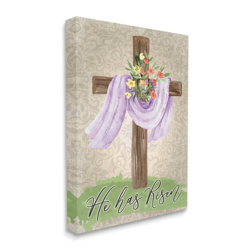 Stupell He Has Risen Spring Floral Cross Brown Damask Pattern Canvas Wall Art