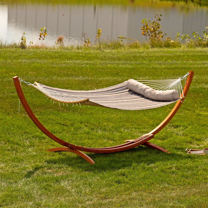 Sunnydaze Quilted Hammock with Curved Bamboo Spreader Bar and Pillow - Mountainside