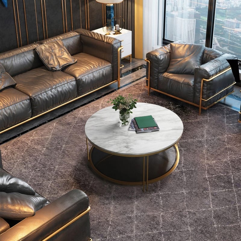 Modern Glam 36" Round Modern Cocktail Glass Coffee Table Storage Shelf with 4 Gold Cross Legs Faux Marble Veneer