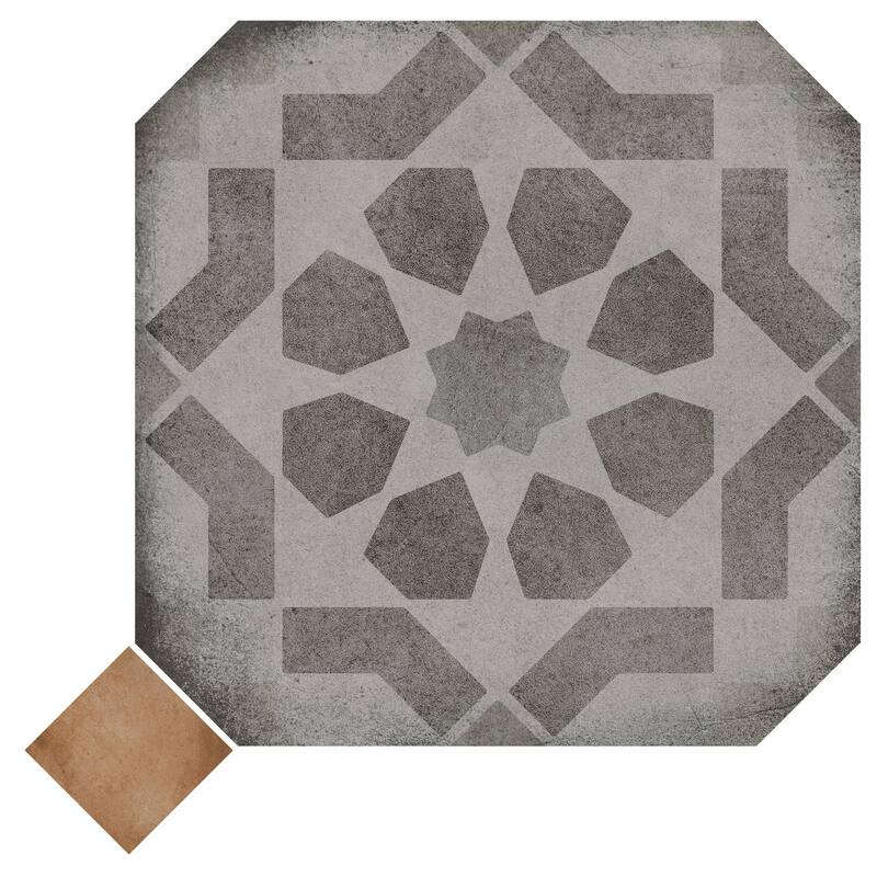 Merola Tile Laverton Octagon Deco Sombra with Taco Natural 7-7/8" x 7-7/8" Porcelain Floor and Wall Tile