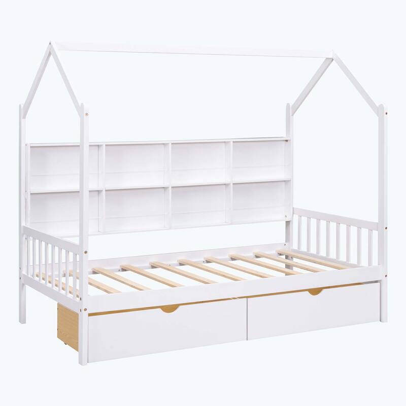 Comfortable Wooden House Bed with 2 Drawers,Kids Bed with Storage Shelf