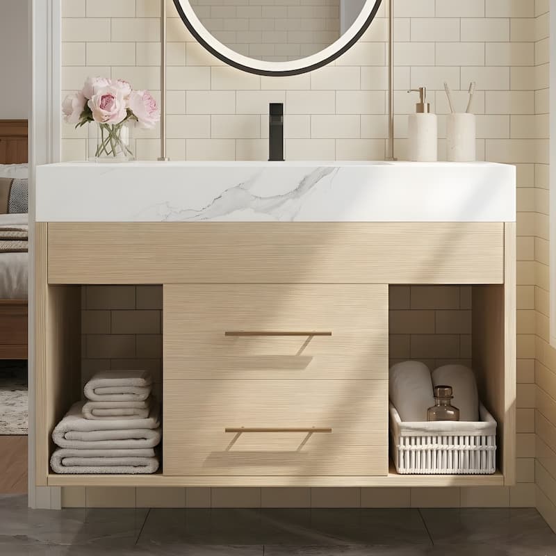 29.9-inch floating bathroom vanity with sintered stone countertop and ceramic undermount sink