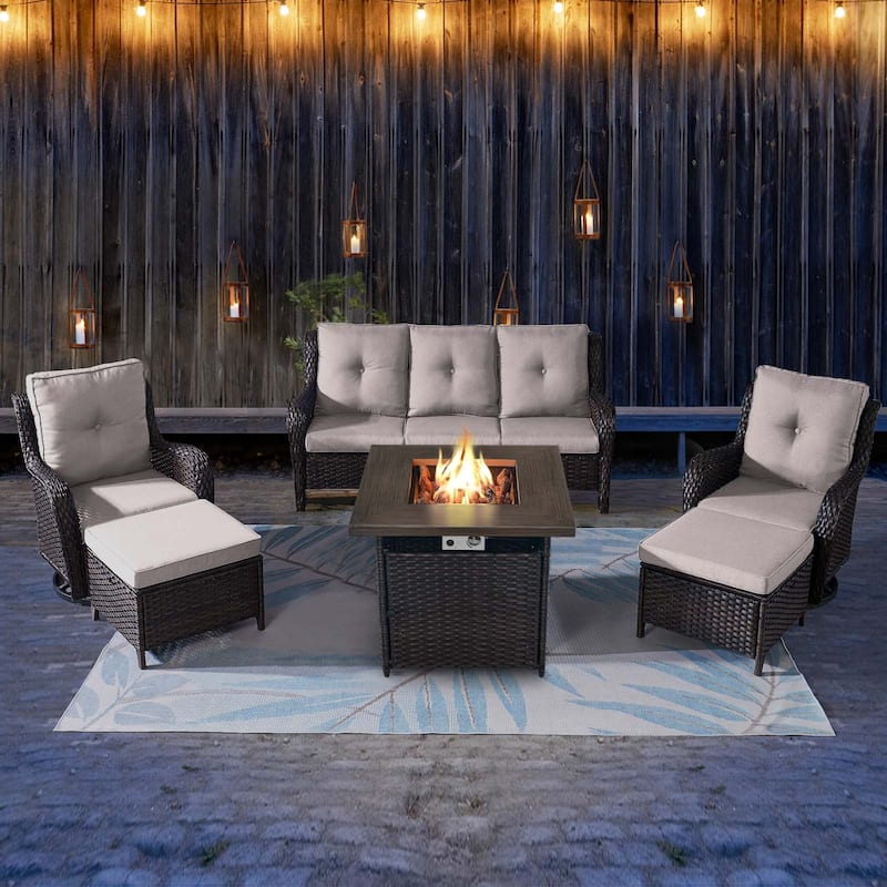 Gymojoy Outdoor Swivel Chairs with Sofa and Fire Pit Table - Brown - Beige