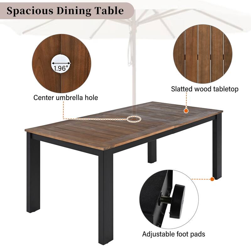 Outdoor Patio 7 Piece Rectangular Dining Table Set with 2 Armchairs, 4 Side Chairs, Parasol Hole, Removable Cushions