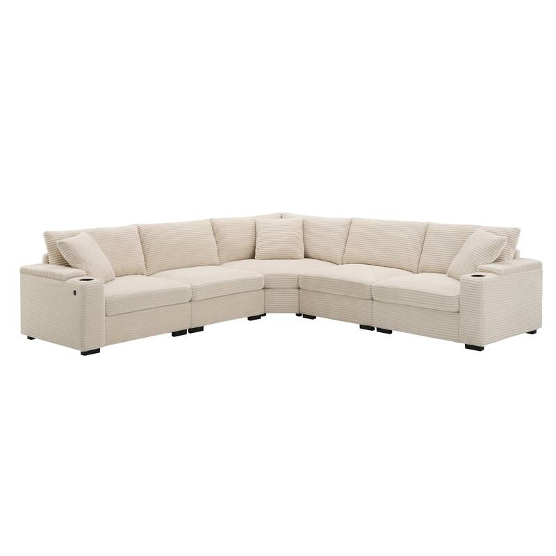 Convertible L Shaped Sectional Sofa, Oversized Corduroy Upholstered Sofa, Modular Corner Sofa with Cup Holders & USB Charger