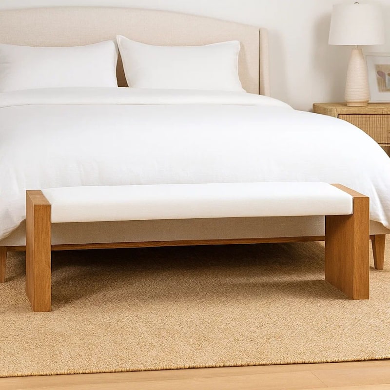 Rux 68 Inch Dining Bench, White Upholstery, Grain Details, Brown Wood