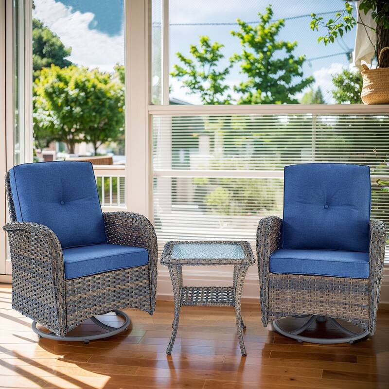 Pocassy Outdoor Wicker Patio Chairs Set - Brown Wicker Blue Cushion - 2PCS Swivel Chairs w/ 1PC Side Table