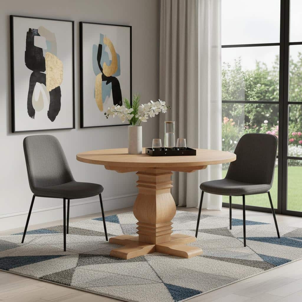 HomeRoots 48" Brown Solid Wood Pedestal Base Round Top Dining Table - 48.00 in. x 30.10 in. x 48.00 in.