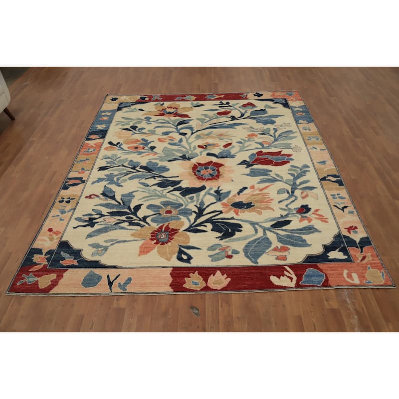 Hand Knotted Oriental 100% Wool Carpet Transitional Floral Beige & Ivories Oushak Area Rug - 9' 11'' X 8' 3''